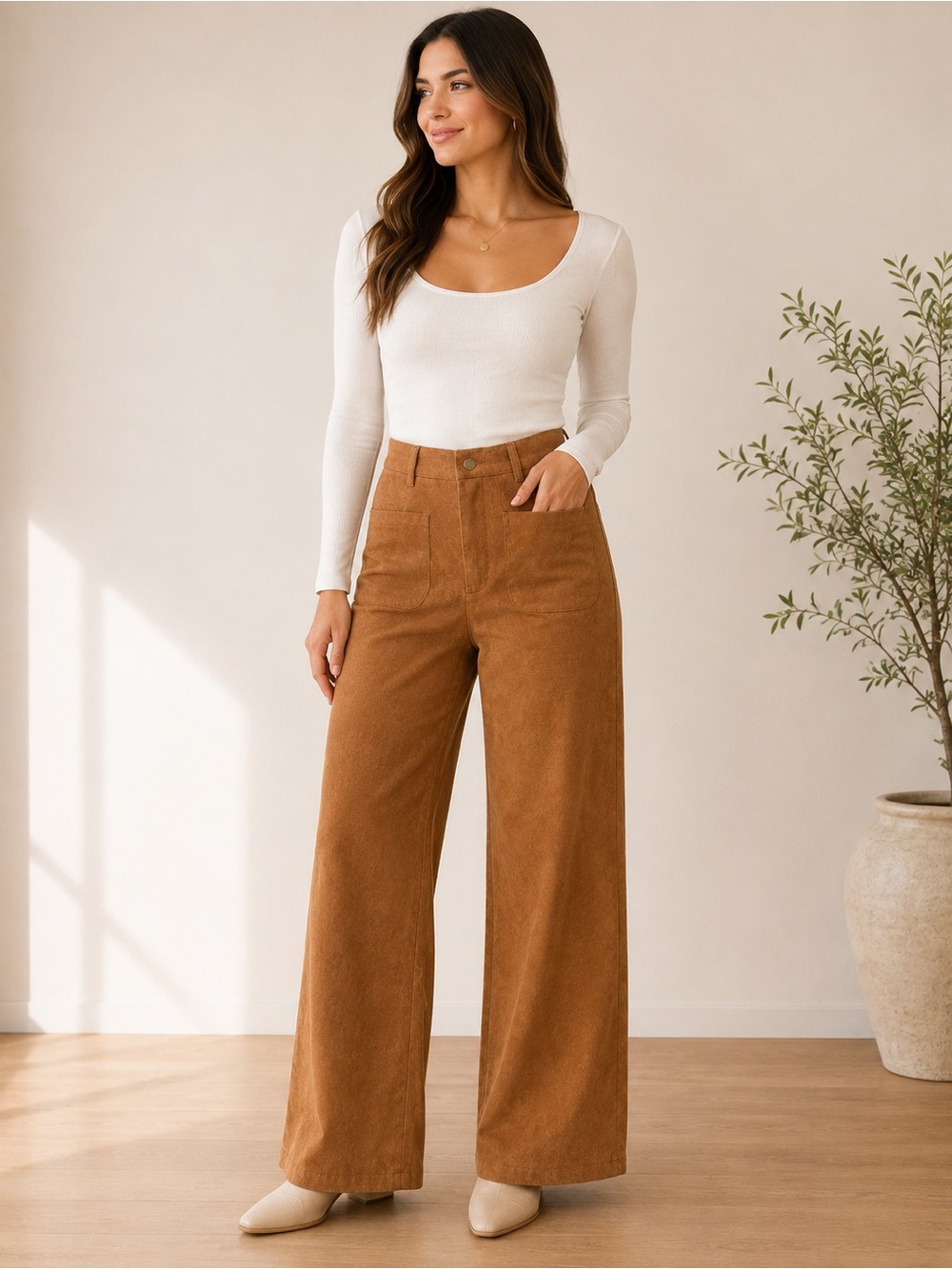 Wide-Leg Corduroy Pants in Camel Brown
